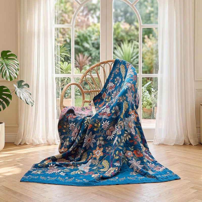LUTBM Boho Throw Blanket for Bed Cotton Blankets Twin Size for Bedroom Living Room All Season Lightweight Floral Embroidery Quilt for Couch Sofa Chair 60"x80" - Image 5