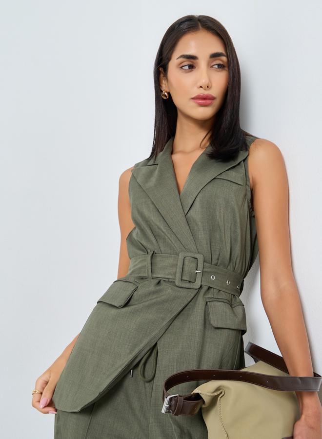 Styli Olive Longline Belted Sleeveless Waistcoat - Image 1