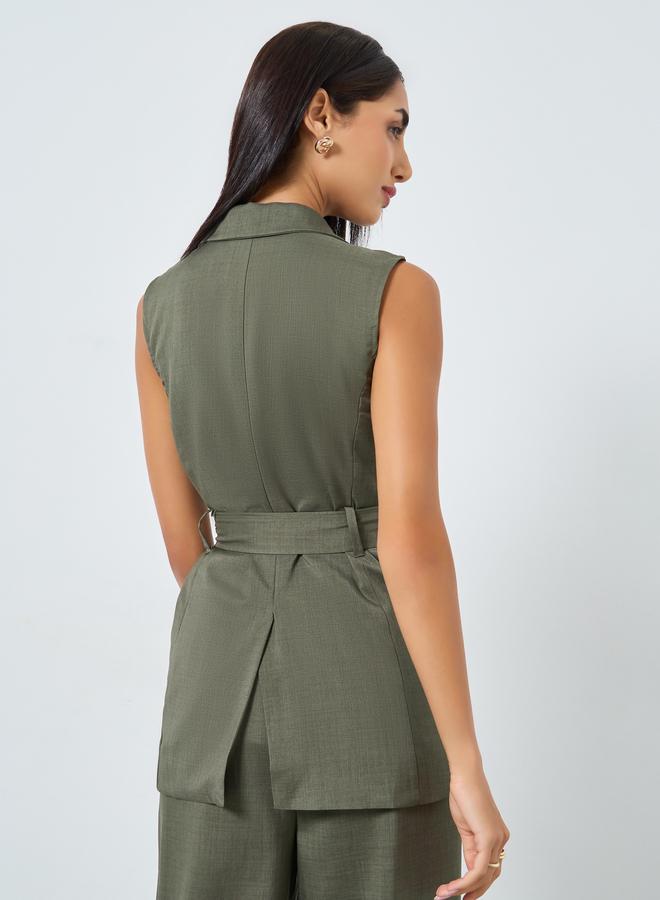 Styli Olive Longline Belted Sleeveless Waistcoat - Image 4