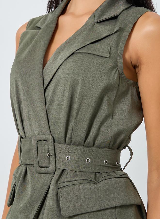 Styli Olive Longline Belted Sleeveless Waistcoat - Image 3
