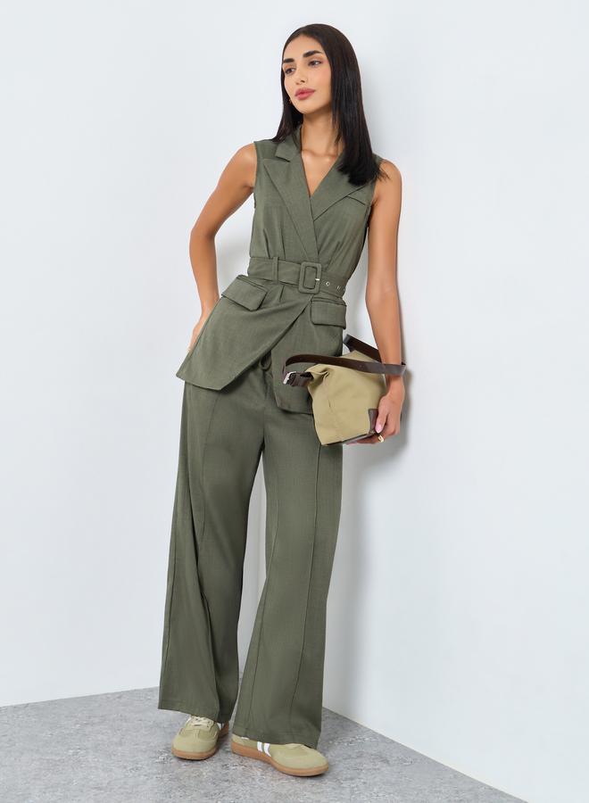 Styli Olive Longline Belted Sleeveless Waistcoat - Image 2