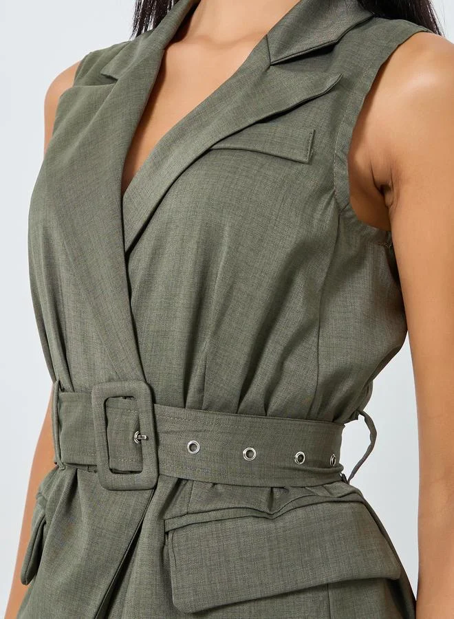 Styli  Styli Olive Longline Belted Sleeveless Waistcoat for Women | Best Price UAE