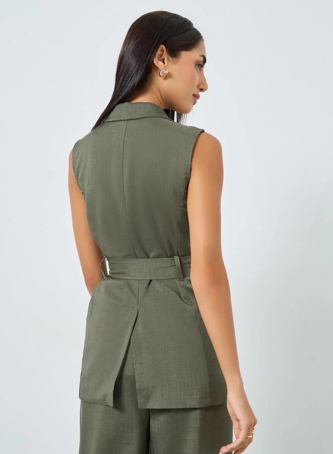Styli  Styli Olive Longline Belted Sleeveless Waistcoat for Women | Best Price UAE