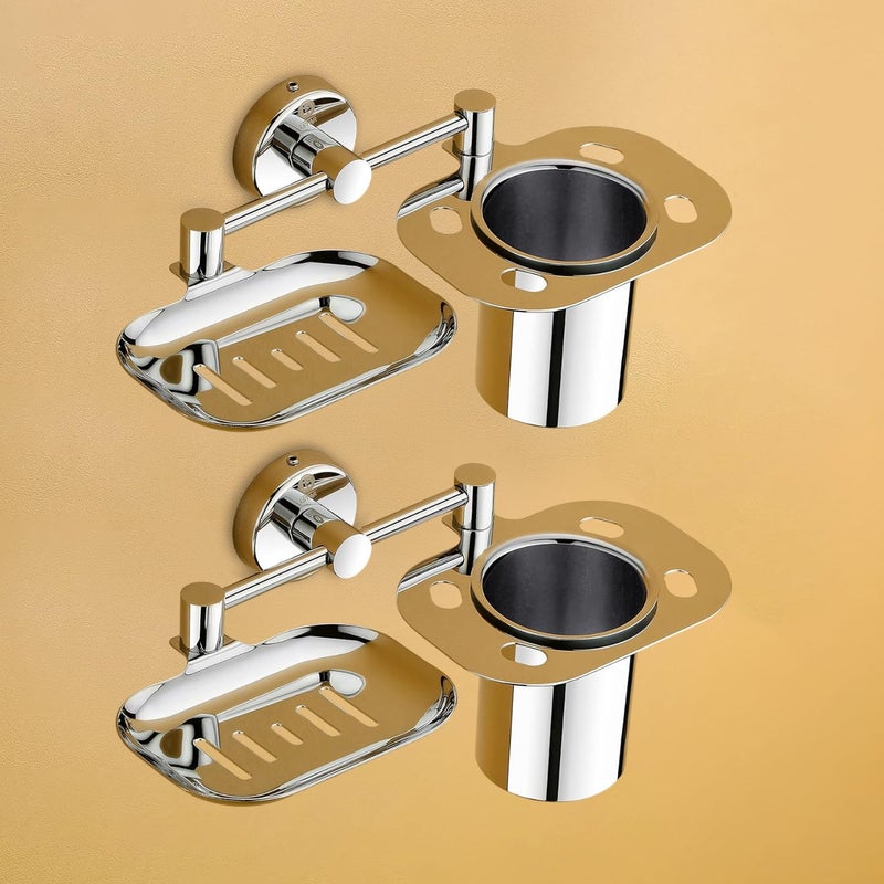 iSTAR حامل صابون 3 في 1 من الفولاذ المقاوم للصدأ 304 من iSTAR مع حامل كوب | حامل صابون متعدد الاستخدامات متين مع حامل فرشاة أسنان للحمام والمنزل والفنادق (فضي، عبوة من 2) - Image 1