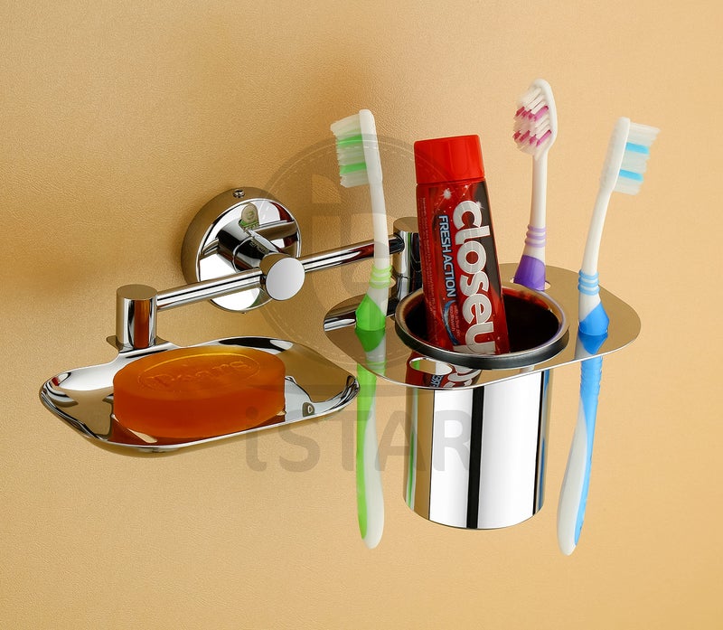 iSTAR حامل صابون 3 في 1 من الفولاذ المقاوم للصدأ 304 من iSTAR مع حامل كوب | حامل صابون متعدد الاستخدامات متين مع حامل فرشاة أسنان للحمام والمنزل والفنادق (فضي، عبوة من 2) - Image 2