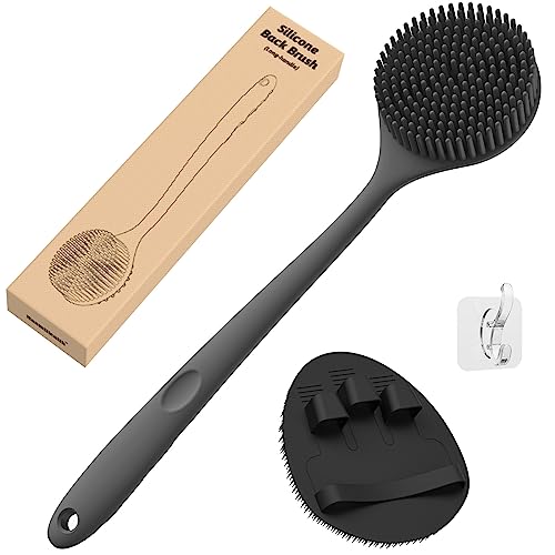 Manmihealth Silicone Back ScrubberThick Bristles Soft Bath Glove Set SuperExfoliating Body Scrubber SuperLathering Shower Brush Combination with a Free HookBlack