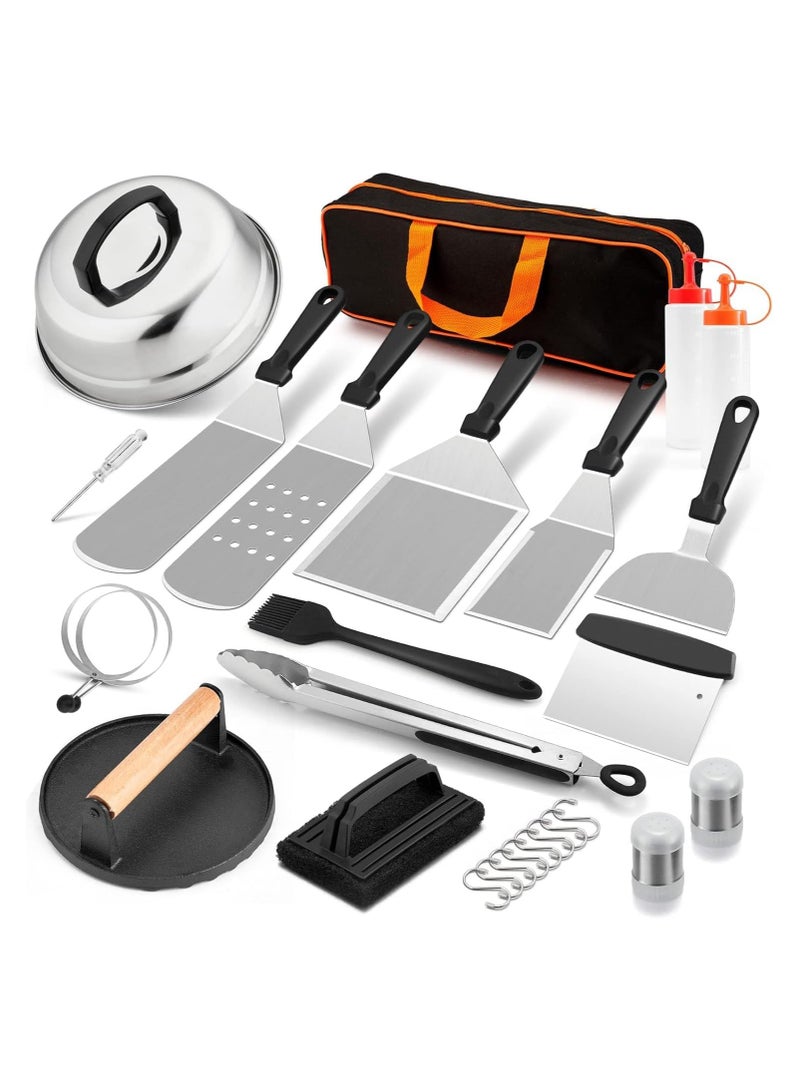 Soofam طقم ملحقات الشواية مكون من 27 قطعة، أدوات تيبانياكي للطهي على السطح المسطح، قبة ذوبان من الفولاذ المقاوم للصدأ، ملعقات معدنية، ضاغط لحم الخنزير للشواء في الهواء الطلق، متين وآمن في غسالة الصحون - Image 1
