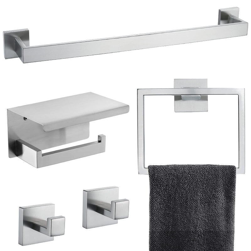 Brushed Nickel Bathroom Towel Bar Set Bathroom Accessories Hardware Set Including Towel Bar Towel Ring Coat Hook and Toilet Paper Holder with Shelf Wall Mounted Stainless Steel