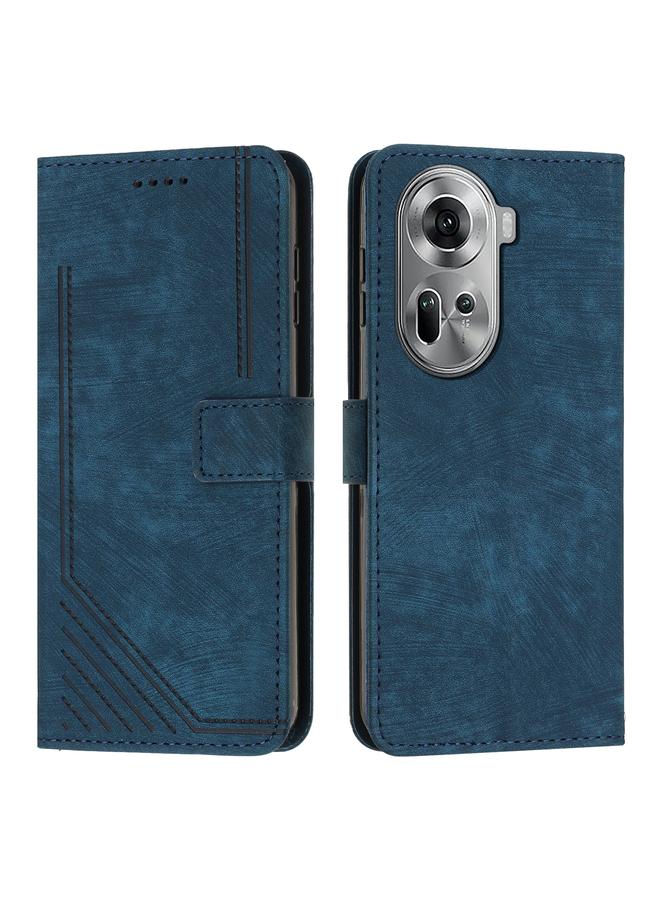 Green Tiger For OPPO Reno11 5G Global Skin Feel Stripe Pattern Leather Phone Case with Long Lanyard(Blue)