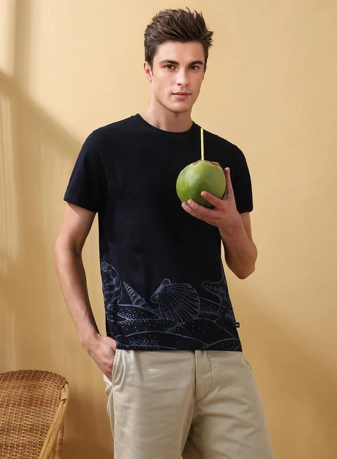 Dennis Lingo Men's Navy 100% Cotton Printed Regular Fit T-Shirt