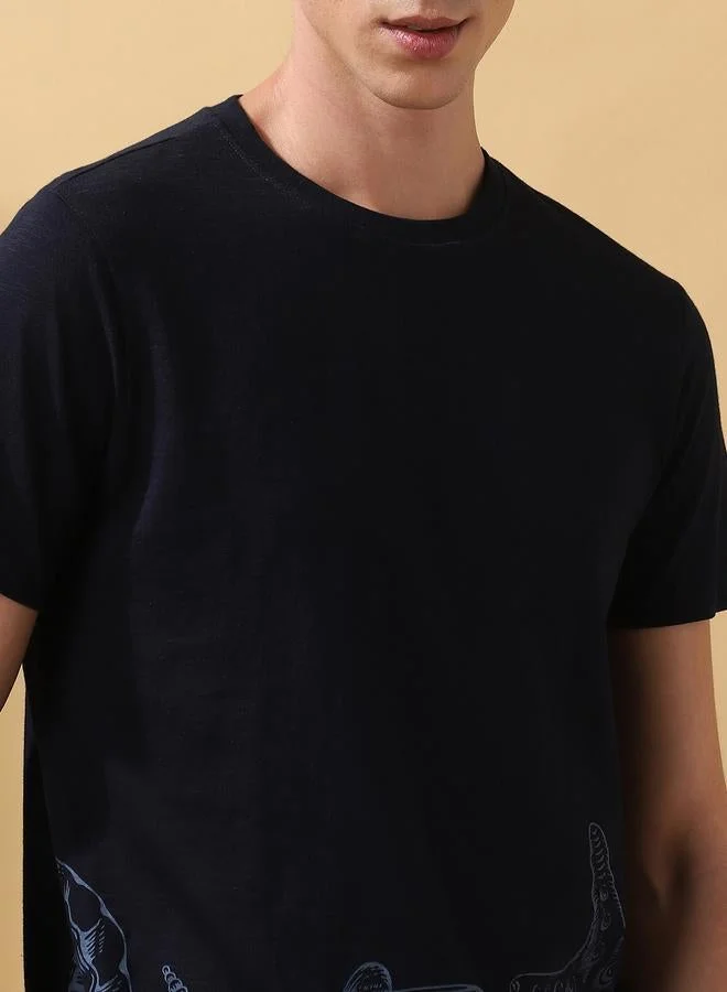 Dennis Lingo Men's Navy 100% Cotton Printed Regular Fit T-Shirt