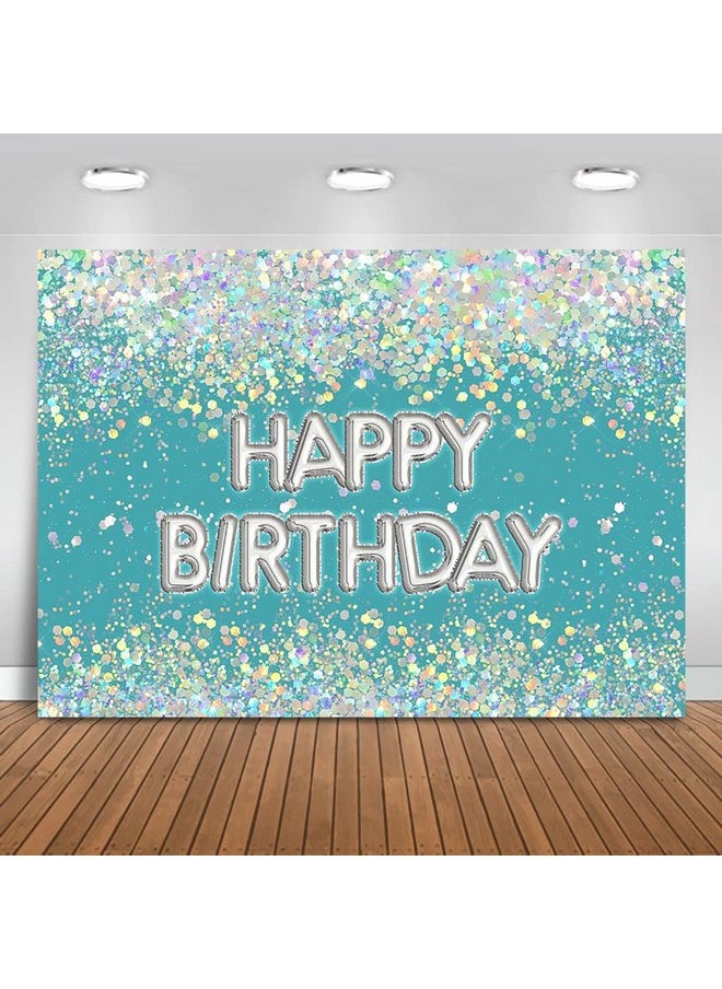 Mocsicka Blue Glitter Birthday Backdrop Rainbow Confetti Girl Birthday Photography Background Holographic Birthday Party Cake Table Decoration Photo Booth Props (7X5Ft)  - Image 1
