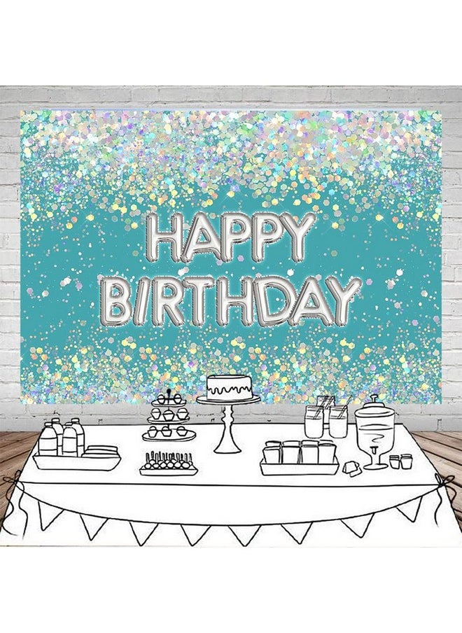 Mocsicka Blue Glitter Birthday Backdrop Rainbow Confetti Girl Birthday Photography Background Holographic Birthday Party Cake Table Decoration Photo Booth Props (7X5Ft)  - Image 3
