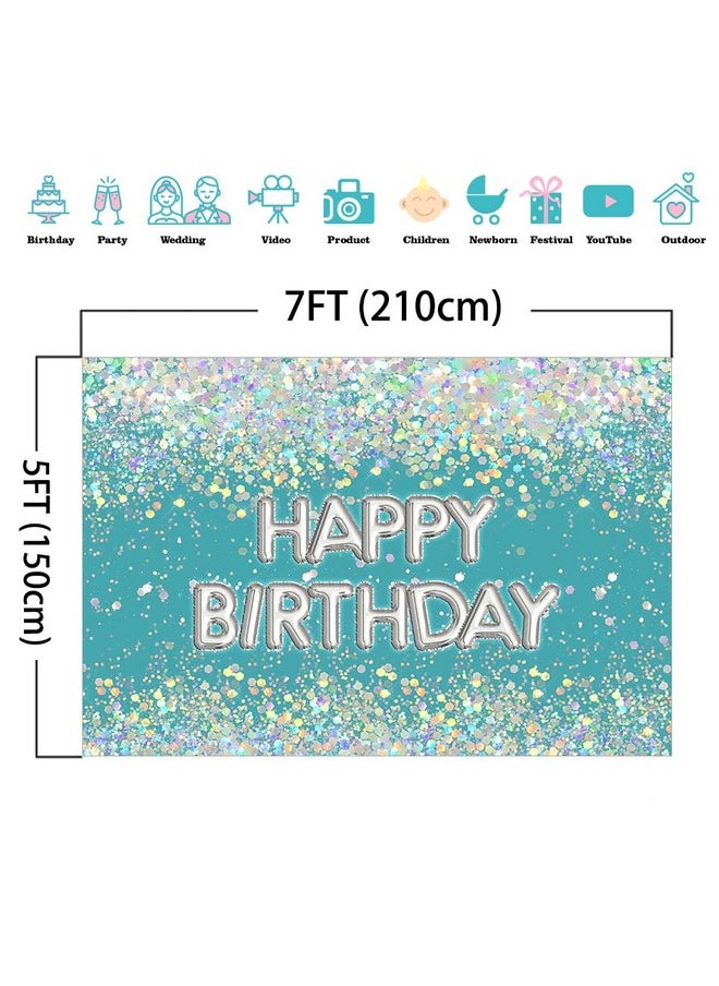 Mocsicka Blue Glitter Birthday Backdrop Rainbow Confetti Girl Birthday Photography Background Holographic Birthday Party Cake Table Decoration Photo Booth Props (7X5Ft)  - Image 5