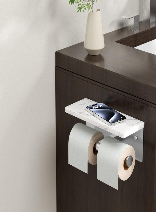 FORIOUS Toilet Paper Holder with Shelf, Marble Wall Mount Tissue Roll Holder for Bathroom, Washroom, 304 Stainless Steel Double Commercial Toilet Tissue Dispensers with Phone Shelf, Brushed Nickel - Image 2