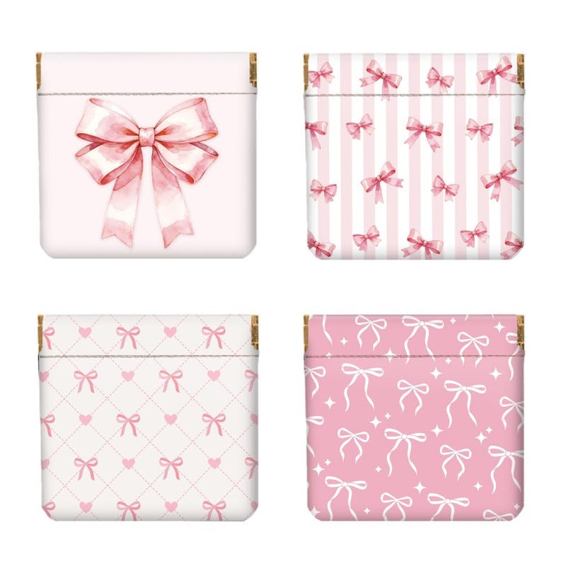 Peacoblue 4Pcs Small Leather Squeeze Coin Purse for Women-Cute Pink Bow Pattern Waterproof & Durable Snap Closure Change Pouch Mini Money Wallet Bag for Adult Teen Girls Best Gift - Image 1