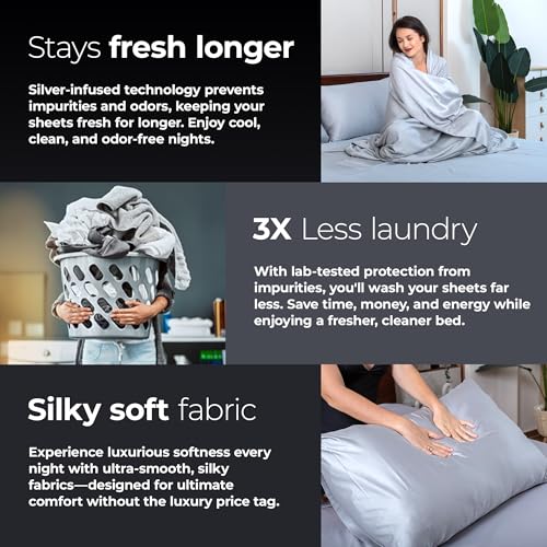 Silvery Silver Infused Bed Sheets Set - Award-Winning Self-Cooling Fabric with Self-Cleaning Silvery Technology™ That Stays Fresh 3X Longer for Hygienic Sleep (Gray, Split King) - Image 5