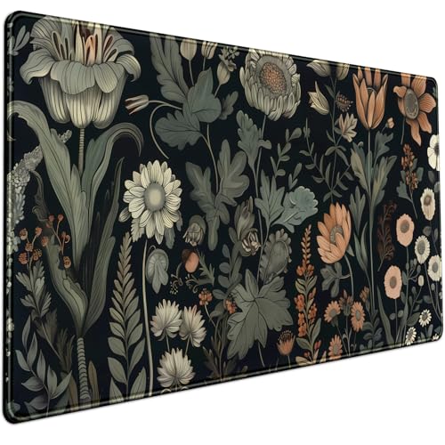 Mechanical Cattle Aesthetic Vintage Dark Flower Plants Wildflowers Large Gaming Mousepad XXL Keyboard Mouse Mat Full Desktop Mat Women Desk Cover Mat for Work Office Home 315x158 in - Image 1