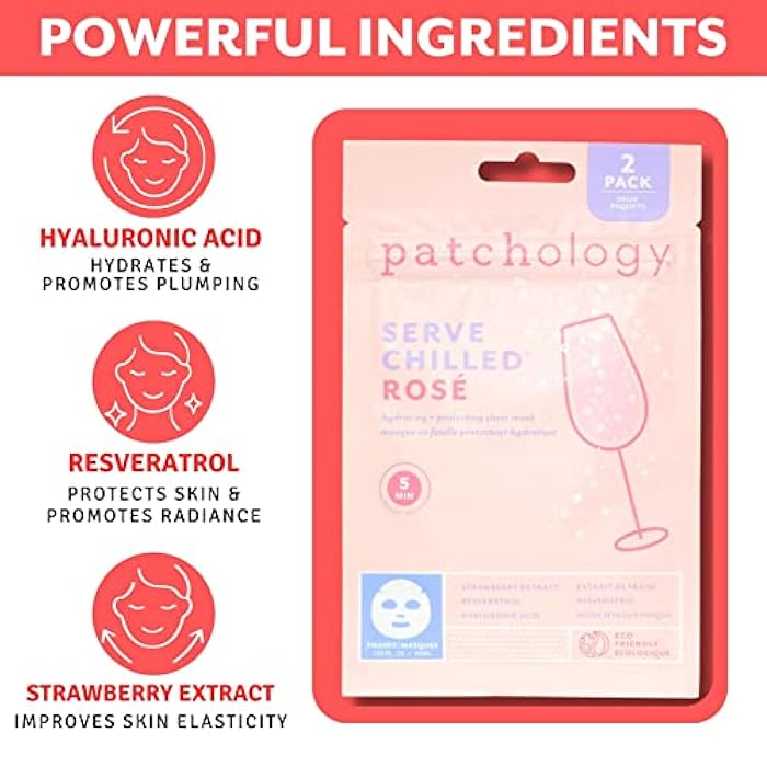 Patchology Serve Chilled Rosé Facial Sheet Mask - Hydrating & Soothing Face Mask with Hyaluronic Acid for Glowing Skin, Rosé Scented Skin Care Treatment, Self-Care Spa Experience at Home - 2 Pairs - Image 4