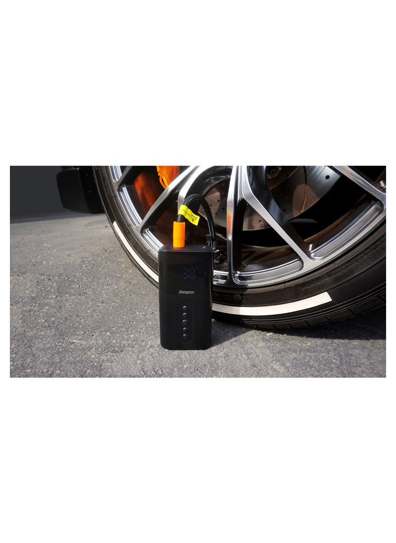 Portable Air Compressor, 4 Working Modes - Car/Bike/Motorcycle/Ball, 4 Nozzles, 6000 mAh Power Bank Capacity, LCD Display, Black