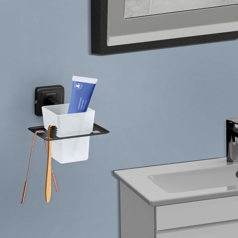 Plantex 304 Grade Stainless Steel Toothbrush Holder/Stand/ABS Toothpaste Stand/Tumbler Holder for Bathroom - Decan (Black) - Image 2