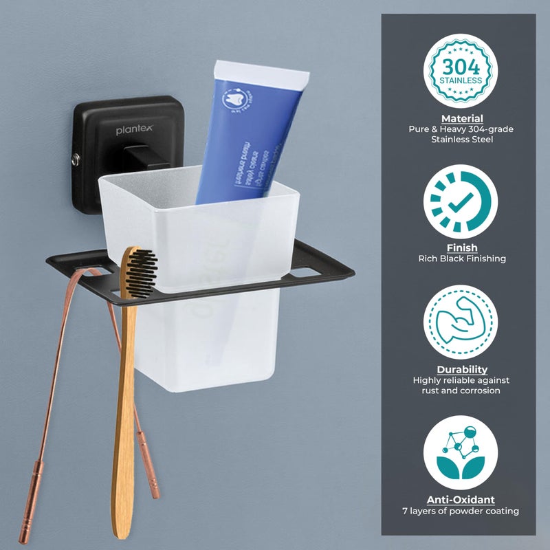 Plantex 304 Grade Stainless Steel Toothbrush Holder/Stand/ABS Toothpaste Stand/Tumbler Holder for Bathroom - Decan (Black) - Image 4