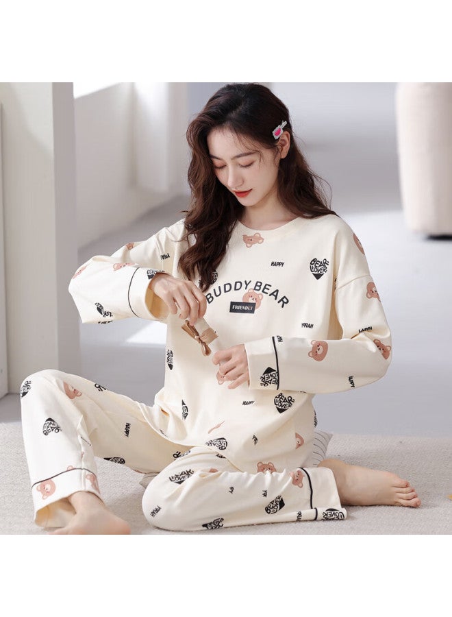 LANG SHA Langsha Pure Cotton Pajamas For Women, Spring And Autumn Long-sleeve And Long Pants Set, Wearable Outside, Cute Pure Cotton With Chest Pads, Women's Loungewear - Image 3