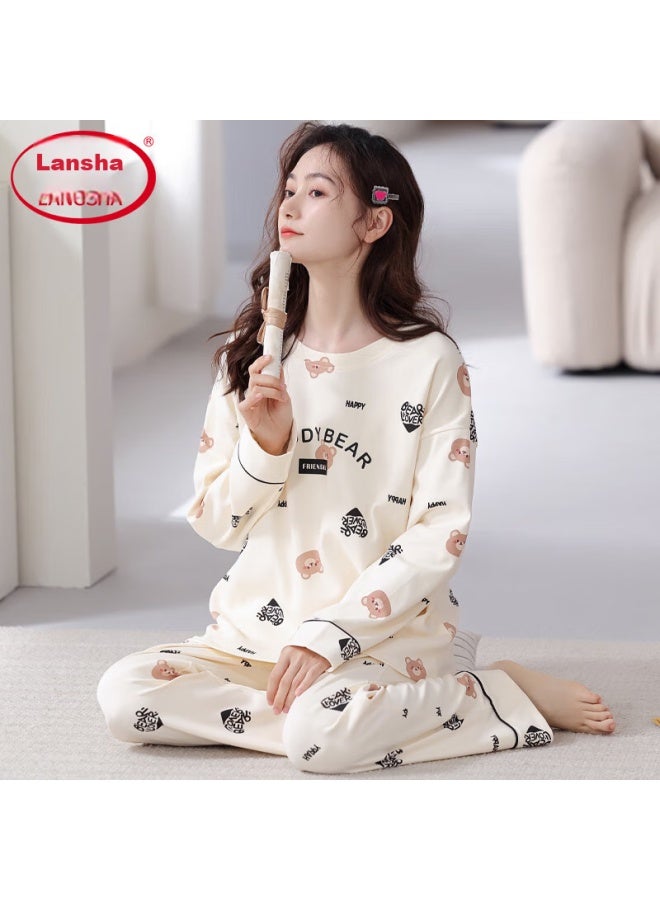 LANG SHA Langsha Pure Cotton Pajamas For Women, Spring And Autumn Long-sleeve And Long Pants Set, Wearable Outside, Cute Pure Cotton With Chest Pads, Women's Loungewear - Image 2