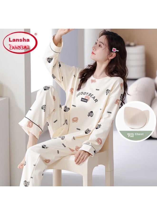 LANG SHA Langsha Pure Cotton Pajamas For Women, Spring And Autumn Long-sleeve And Long Pants Set, Wearable Outside, Cute Pure Cotton With Chest Pads, Women's Loungewear - Image 1