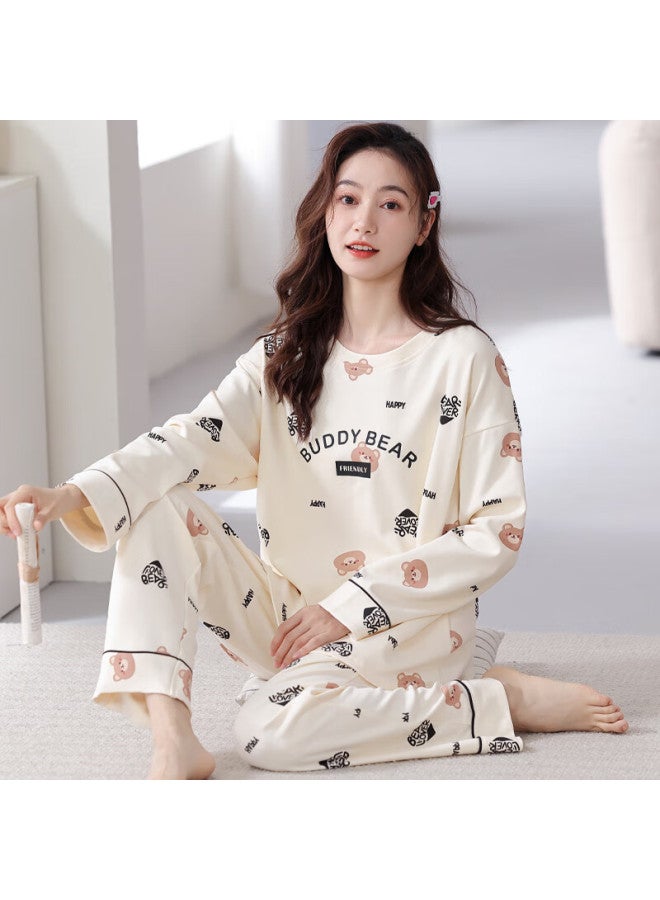 LANG SHA Langsha Pure Cotton Pajamas For Women, Spring And Autumn Long-sleeve And Long Pants Set, Wearable Outside, Cute Pure Cotton With Chest Pads, Women's Loungewear - Image 4