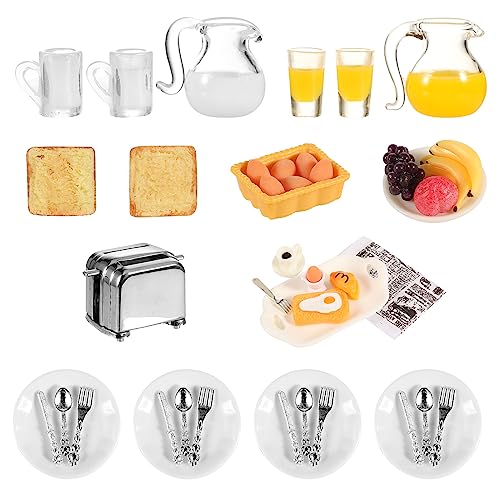 simarro Miniature Dollhouse Breakfast Accessories 46 Pcs 112 Scale Mini Toast Machine Bread Milk Eggs Cups Fruits Plates Fork Spoons Drink for Dollhouse Kitchen Scene and Cake Topper Decor - Image 1