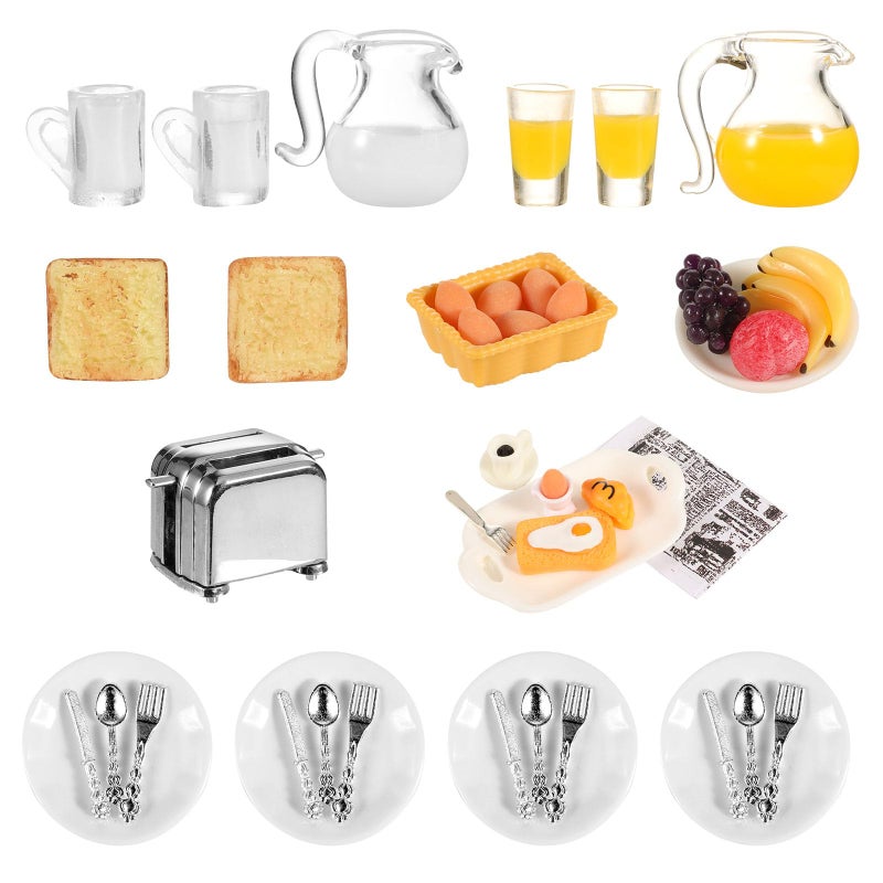simarro Miniature Dollhouse Breakfast Accessories 46 Pcs 112 Scale Mini Toast Machine Bread Milk Eggs Cups Fruits Plates Fork Spoons Drink for Dollhouse Kitchen Scene and Cake Topper Decor - Image 4