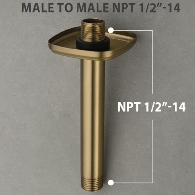 Shower Arm with Large Flange 8 Inch Straight Rainfall Shower Head Ceiling Mount Arm, Male to Male NPT 1/2 Inch, Round, Brushed Gold - Image 3