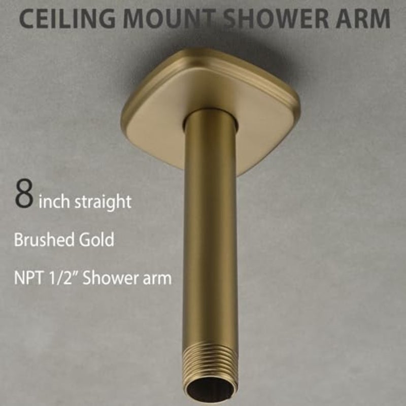 Shower Arm with Large Flange 8 Inch Straight Rainfall Shower Head Ceiling Mount Arm, Male to Male NPT 1/2 Inch, Round, Brushed Gold - Image 2