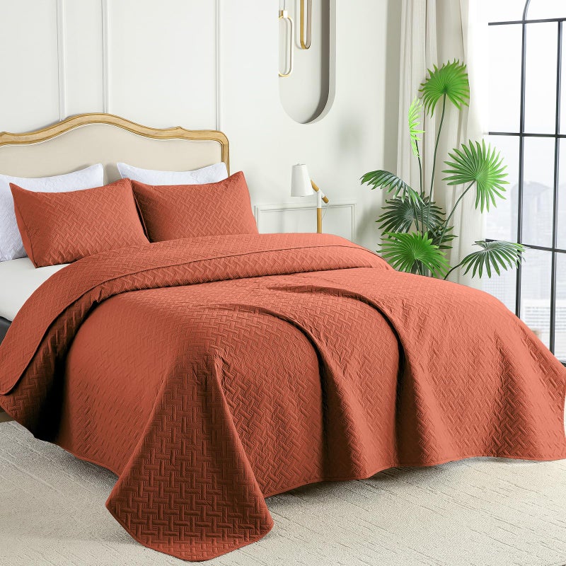 FLYMME Queen Quilt Bedding Set Burnt Orange Lightweight Bedspreads Full Size Modern Style Geometric Weave Stripe Pattern Soft Microfiber Bed Coverlet for All Season (1 Quilt  2 Shams) - Image 2