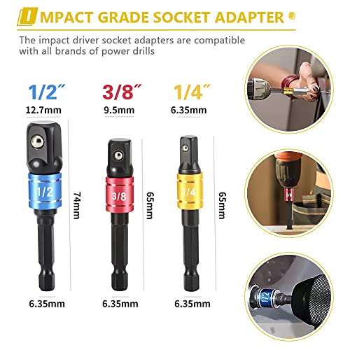 Gallia Flexible Drill Bit Extension Set 19pcs, Hex Shank 105°Right Angle Drill Attachment, 3pcs Drill Bit Holder Extension, 1/4 3/8 1/2" Universal Socket Adapter, Screwdriver Bit Kit - Image 3