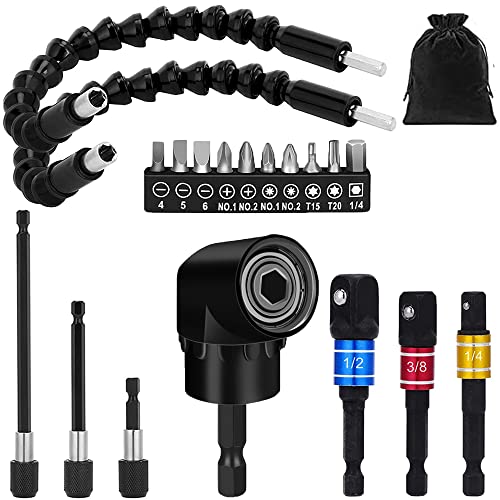 Gallia Flexible Drill Bit Extension Set 19pcs, Hex Shank 105°Right Angle Drill Attachment, 3pcs Drill Bit Holder Extension, 1/4 3/8 1/2" Universal Socket Adapter, Screwdriver Bit Kit - Image 1
