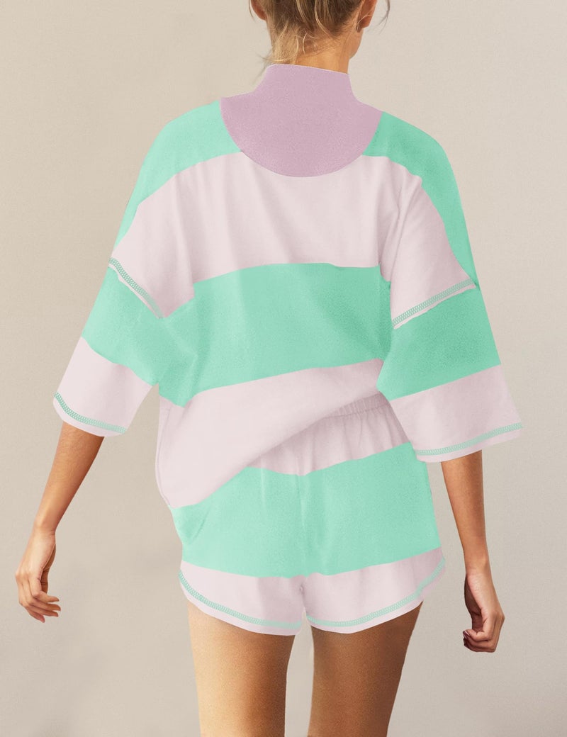 Panadila Women Striped Workout Set Two Piece Outfit Tracksuit Oversized Lounge Set Top and Shorts Sets with Pockets(Apricot Green Combo,S) - Image 3