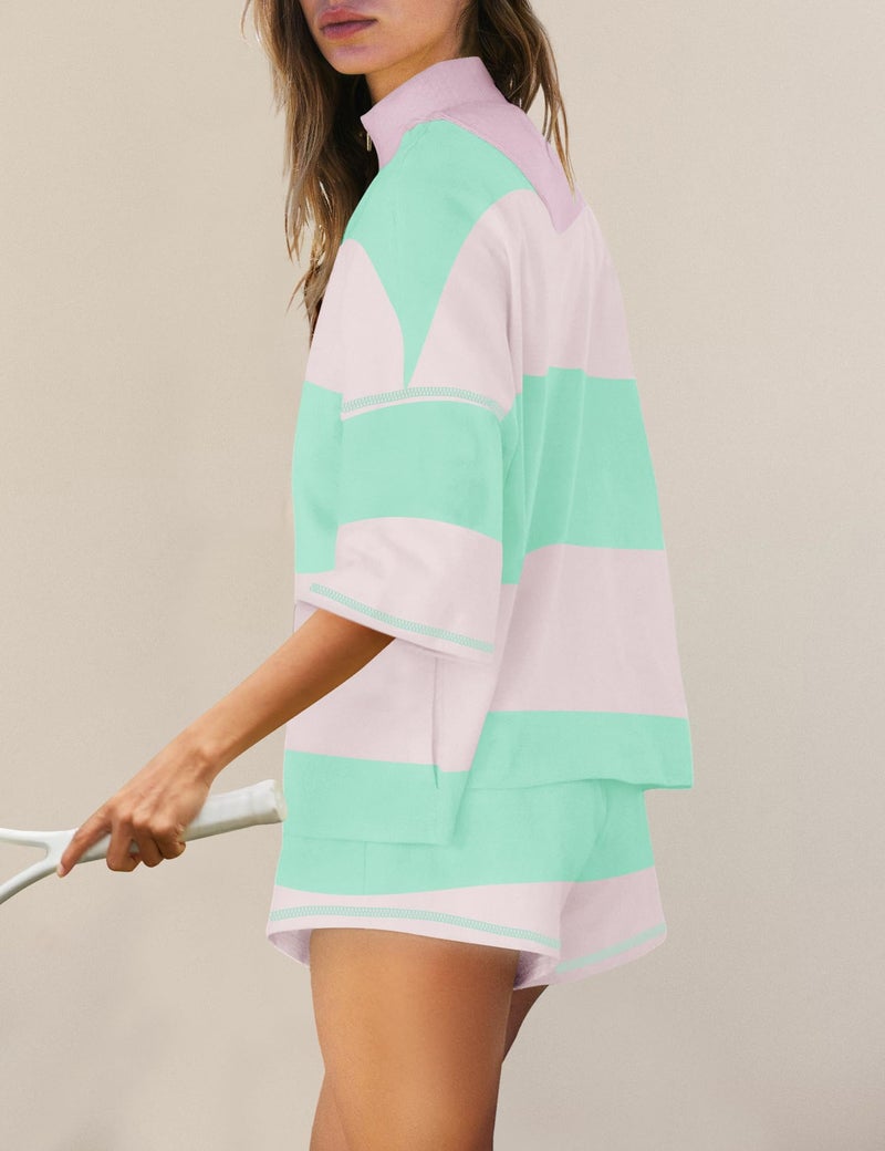 Panadila Women Striped Workout Set Two Piece Outfit Tracksuit Oversized Lounge Set Top and Shorts Sets with Pockets(Apricot Green Combo,S) - Image 2