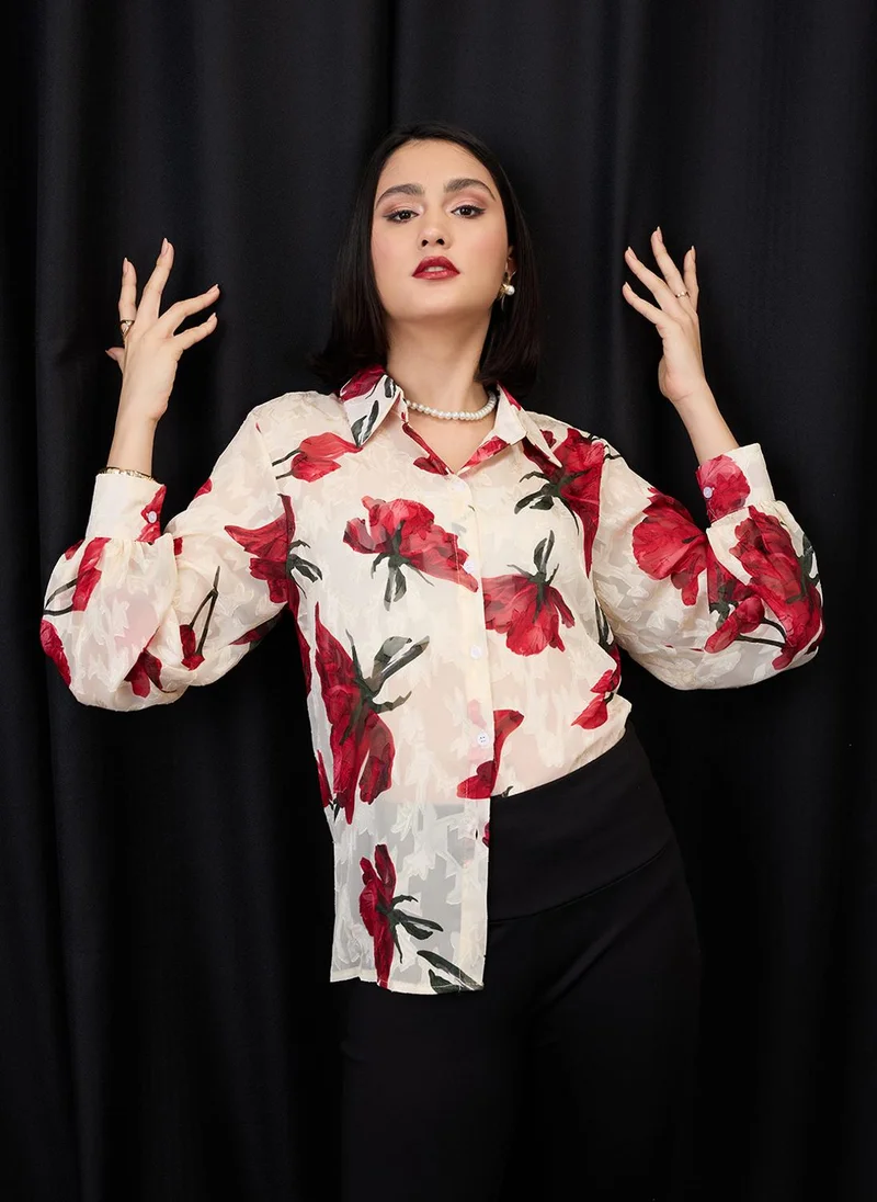 جلو باص قميص حفلات نسائي من جلوبس بطبعة زهور جاكار، ياقة قميص، أكمام بأساور، أبيض وأحمر