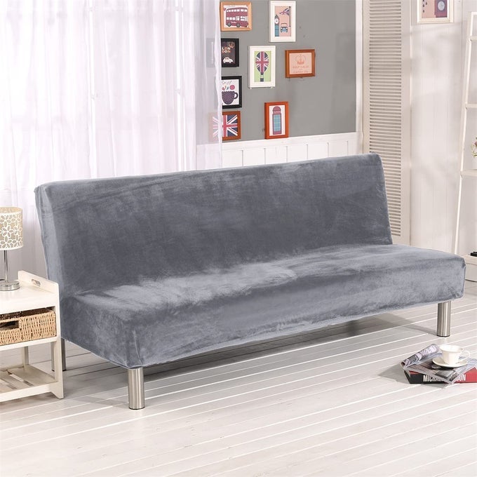 THICK PLUSH FUTON COVER STRETCH ARMLESS SOFA BED SLIPCOVER SOFT COUCH SOFA COVER FUTON SLIPCOVER SILVER GRAY