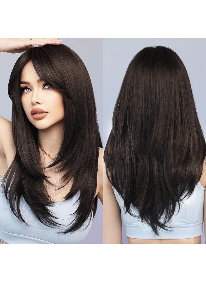 7JHH WIGS - Long Natural Black Wig With Bangs Straight Wigs For Womenheat Resistant Layered Synthetic Wigs For Daily Use - Image 1