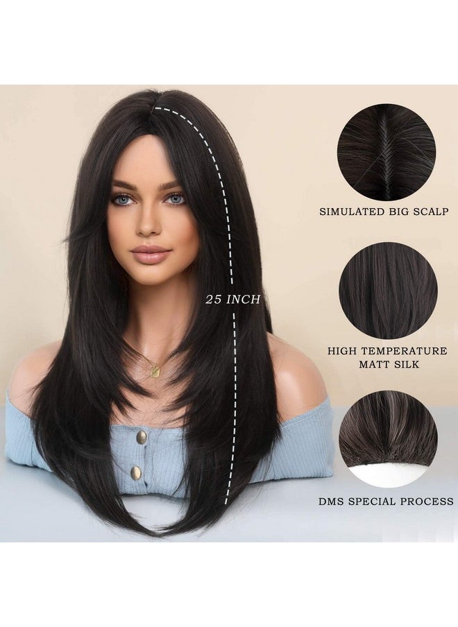 7JHH WIGS - Long Natural Black Wig With Bangs Straight Wigs For Womenheat Resistant Layered Synthetic Wigs For Daily Use - Image 1