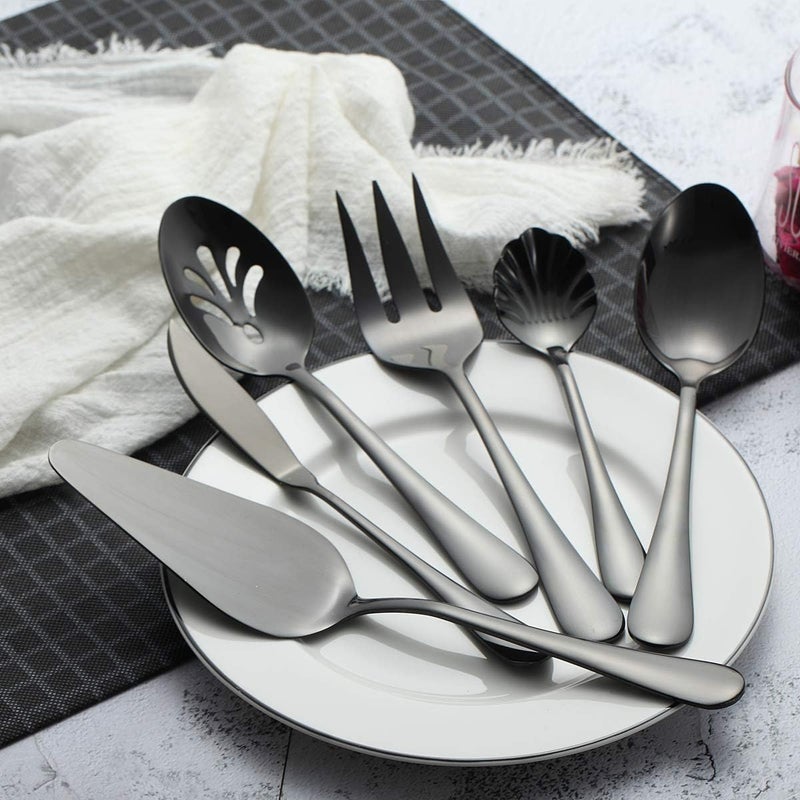 Berglander طقم أدوات مائدة من الفولاذ المقاوم للصدأ بطلاء التيتانيوم الأسود من بيرجلاندر 6 قطع 5 قطع تقديم من 45 قطعة أدوات مائدة مع 1 ملعقة كعكة طقم أدوات مائدة تقديم فضية لامعة سوداء - Image 3
