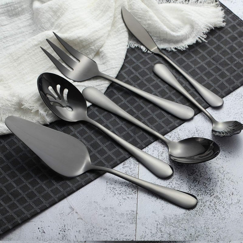 Berglander طقم أدوات مائدة من الفولاذ المقاوم للصدأ بطلاء التيتانيوم الأسود من بيرجلاندر 6 قطع 5 قطع تقديم من 45 قطعة أدوات مائدة مع 1 ملعقة كعكة طقم أدوات مائدة تقديم فضية لامعة سوداء - Image 4