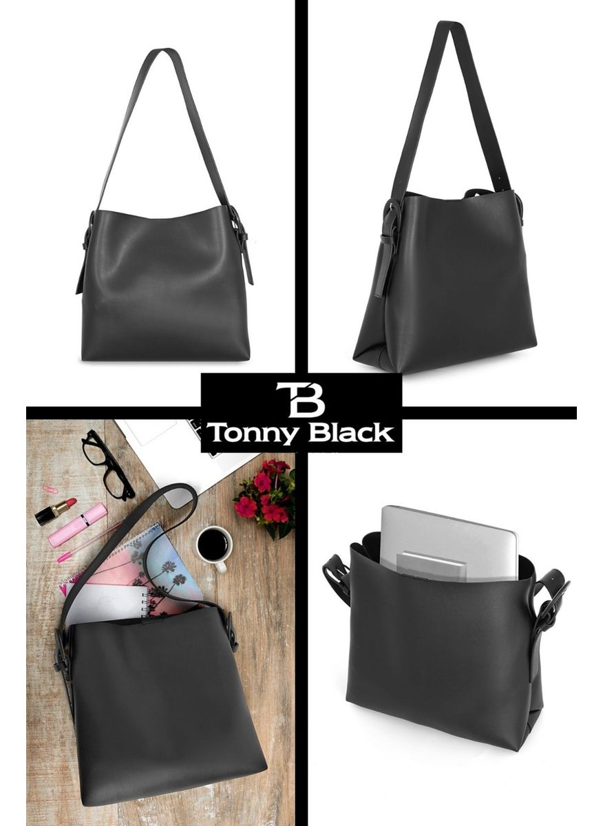 tonny black حقيبة كتف كبيرة الحجم بنظام عمود قابل للتعديل مصنوعة من جلد ناعم ومريح  - Image 2