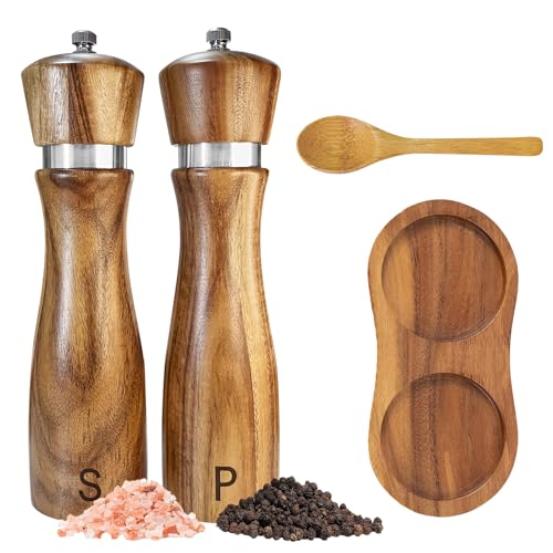 TanAndLin Wooden Salt and Pepper Grinder Set:Pepper Grinder Manual,Adjustable Coarseness,Crafted of Acacia Wood with Ceramic/Stainless Steel Core|Along with Salt&Pepper Mill Tray,Spoon,8in,2pack - Image 1