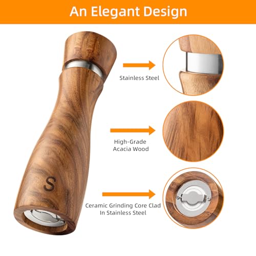 TanAndLin Wooden Salt and Pepper Grinder Set:Pepper Grinder Manual,Adjustable Coarseness,Crafted of Acacia Wood with Ceramic/Stainless Steel Core|Along with Salt&Pepper Mill Tray,Spoon,8in,2pack - Image 4