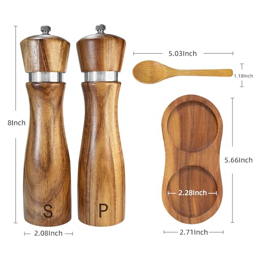TanAndLin Wooden Salt and Pepper Grinder Set:Pepper Grinder Manual,Adjustable Coarseness,Crafted of Acacia Wood with Ceramic/Stainless Steel Core|Along with Salt&Pepper Mill Tray,Spoon,8in,2pack - Image 5