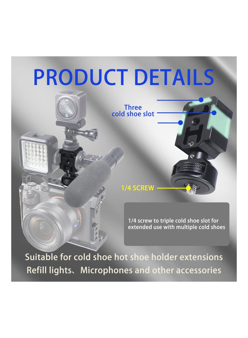 Excefore Camera Hot Shoe Extension Bracket with Triple Cold Shoe Mounts for Microphone LED Video Light, 1/4'' Screw for Magic Arm, Aluminum Shoe Mount Compatible with Nikon Canon Sony Cameras - Image 3